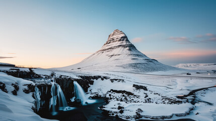 Sticker - Kirkjufell Mountain stands majestically against serene winter sky, surrounded by snow covered landscapes and cascading waterfall. tranquil scene evokes sense of peace and wonder