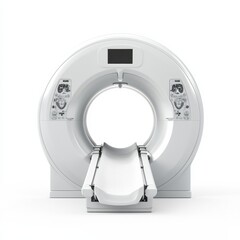 A modern CT scanner with a circular design, featuring control panels and a sliding table for patient imaging.