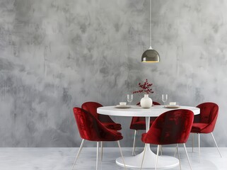 A modern dining room with a round table and four red velvet chairs. set against a textured grey wall