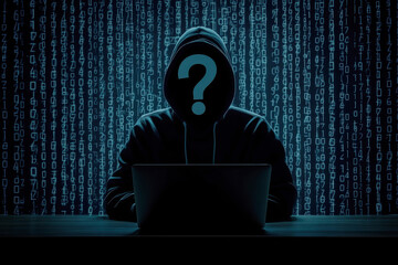 Wall Mural - a person in a hoodie with question mark typing on a laptop, cyber security , hacker, cyber backgroun