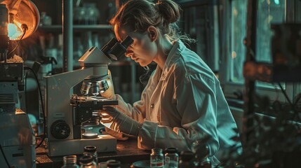 A scientist closely examining a specimen under a microscope, symbolizing curiosity-driven scientific discovery, Curiosity