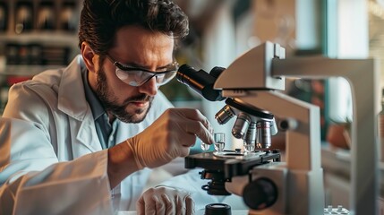 A scientist closely examining a specimen under a microscope, symbolizing curiosity-driven scientific discovery, Curiosity