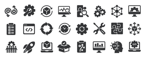 devops glyph solid icons collection. containing development, operations, process, build, product. mi