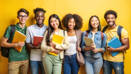 This image shows a group of diverse students smiling and posing together in front of a bright yellow background. They are all holding books and wearing backpacks