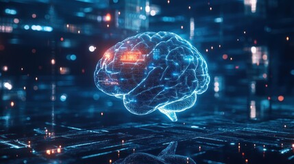 A digital representation of a human brain, a glowing blue neural network with data and code flowing through it.