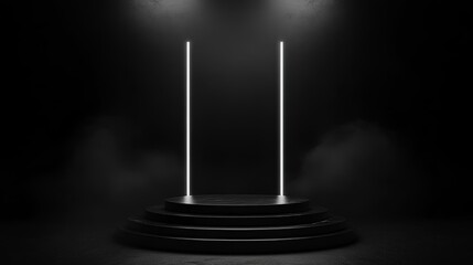 A minimalist stage with two glowing poles, set against a dark background, creating a dramatic atmosphere.