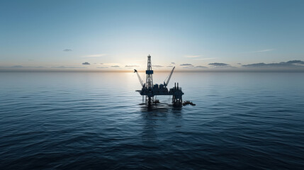 Wall Mural - Offshore platform standing tall in ocean as sun sets, showcasing vastness of sea and engineering marvel of oil extraction