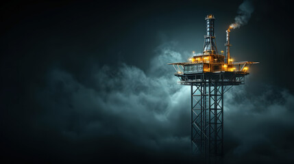 Wall Mural - Offshore oil rig illuminated against dark, stormy sky, showcasing its towering structure and industrial design. scene evokes sense of resilience amidst challenging conditions