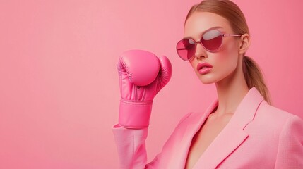 A stylish woman with bold makeup poses confidently in a pink power suit, her hand adorned with a single pink boxing glove.