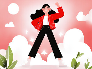 Empowered woman standing confidently with raised fist, wearing red jacket and black pants, surrounded by clouds and greenery, radiating positivity and strength