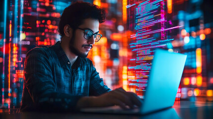 Wall Mural - Developer Coding on Laptop Surrounded by Digital Graphics