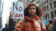 © Valeriia - Capturing Gen Z’s anxiety about the planet’s future, African-American girl holding a 'No Future' sign at a climate rally. Sustainable future protest for climate change environmental activism