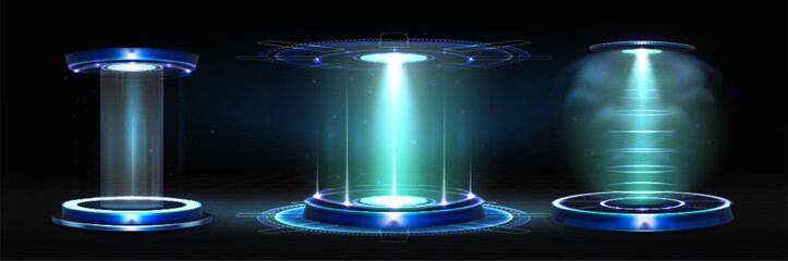Wall Mural - futuristic hi tech portal with blue neon light glow effect for game ui design. realistic 3d vector i