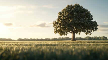 Fototapete - Lonely tree standing in a golden field under a clear sky.