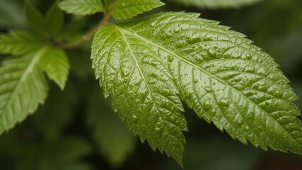 Sticker - Close-up of a lush green leaf with water droplets.