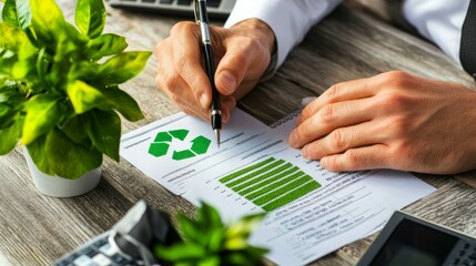 A person reviews sustainability-related documents while writing notes beside plants and a financial report.