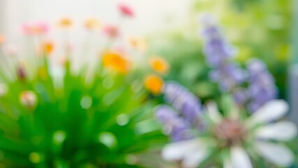 Poster - Blurred background of flowers in various shades of pink, orange, purple and white.