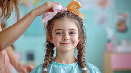 A young girl smiling as a parent styles her hair with colorful ribbons in a cheerful environment.