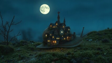 Canvas Print - A miniature house sits atop a snail's shell under a full moon.