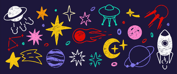 Wall Mural - Doodle illustration of space, planets, stars and sun with crayon, pencil or chalk texture. Hand drawn cartoon illustration for kids. Colorful pastel vector illustration on a dark background.