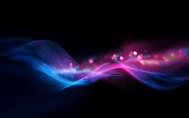 Poster - Abstract digital art with glowing pink and blue waves and blurred lights on a black background.