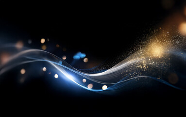 Leinwandbilder - A blue and gold abstract design featuring a wave-like shape and bokeh lights against a black background.