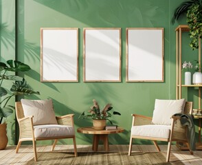 A cozy living room with two wicker armchairs. a wooden coffee table. and three empty frames on a green wall The room is decorated with plants and natural light