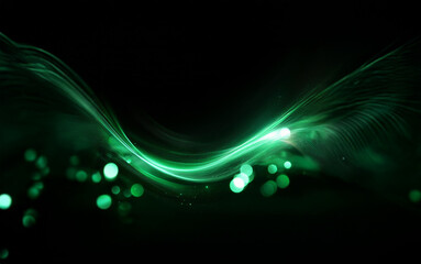 Leinwandbilder - A vibrant green light wave flows across a dark background with bokeh effects.
