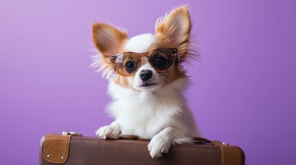 Canvas Print - A dog wearing sunglasses sits on a suitcase. AI.