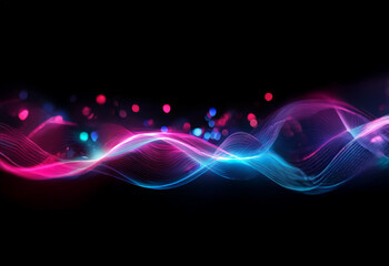 Abstract waves of blue and pink light flow across a dark background. The waves have a soft, glowing quality.