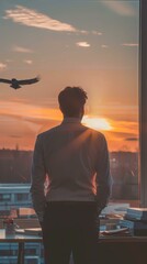 Poster - A man standing in front of a window looking out at the sunset. AI.