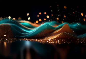 Leinwandbilder - Abstract waves of teal and gold shimmer in the dark with out-of-focus lights.
