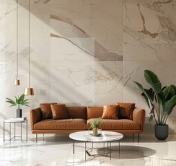 A modern living room with a brown leather sofa. two end tables. a round coffee table. and a large potted plant against a wall with marble tiles