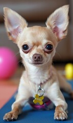 Sticker - A small dog with big ears sits on a blue mat. AI.