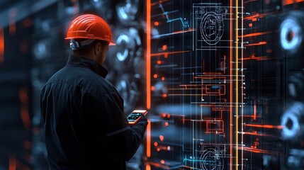 a worker wearing a hard hat a shipyard at ship with digital neon blueprints overlaying the scene fair light