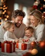 © AnuStudio - Joyful family celebrating Christmas together with gifts and festive decorations, surrounded by holiday cheer.