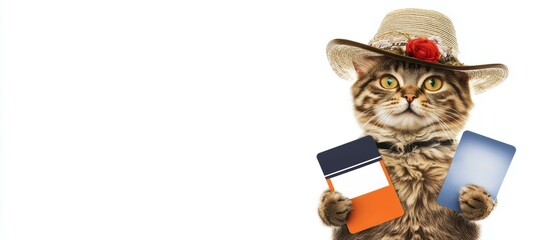 Poster - A cat in a hat holds two blank cards. AI.