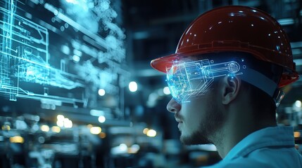 a worker wearing a hard hat a shipyard at ship with digital neon blueprints overlaying the scene fair light