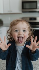 Canvas Print - A young child sticks their tongue out with a big smile. AI.