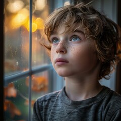 Poster - A young boy with freckles looks out a window. AI.