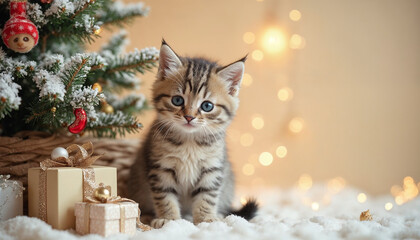 Charming kitten cat in a playful bite tiny christmas tree, sitting with vibrant toy christmas and a mix of white and gold snowy snowflakes