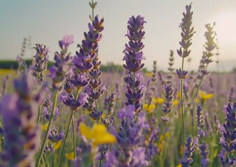 Canvas Print - A field of purple lavender blooms with a few yellow wildflowers mixed in. AI.