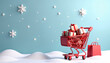 © Pawsitive Vibes - Winter sale decoration background with a vibrant red shopping cart overflowing with beautifully wrapped gift boxes, large snowflakes falling against a soft blue backdrop