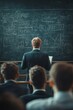 © Dmitry - A professor stands confidently in front of a chalkboard filled with intricate graphs and charts, captivating a classroom of attentive students