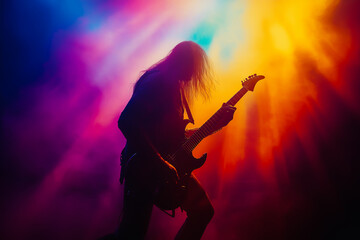 Silhouette of a heavy metal guitar player soloes his guitar on the concert stage with beautiful lighting and smoke background.	