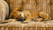 © Valeriia - Relaxed puppy sleeping napping in living room. Ddog on armchair, having new pet at home. Love, care tired baby animal. Animal shelter adoption, finding new home.