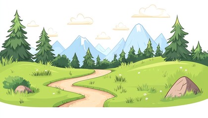 Hiking trail map flat design side view in a national park theme cartoon drawing Splitcomplementary color scheme