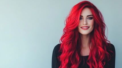 Wall Mural - a young woman with vibrant red hair floating, eyes closed, in an ethereal digital illustration. conc