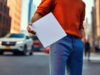 Dynamic Man Walking Fast in New York City Streets During Summer, Holding a White A4 Letterhead Mockup with Perfectly Designed Fingers for Business Presentation and Urban Lifestyle Imagery