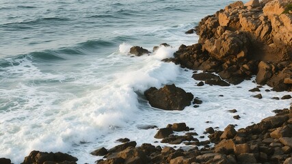 Poster - Waves crashing on rocky shore at sunset.